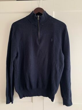 Polo by Ralph Lauren 100% Pima
Cotton men’s quarter zip sweater size L navy blue